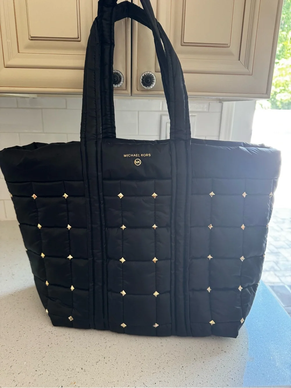 Michael Kors Black nylon Quilted Tote with Gold Stud Accents